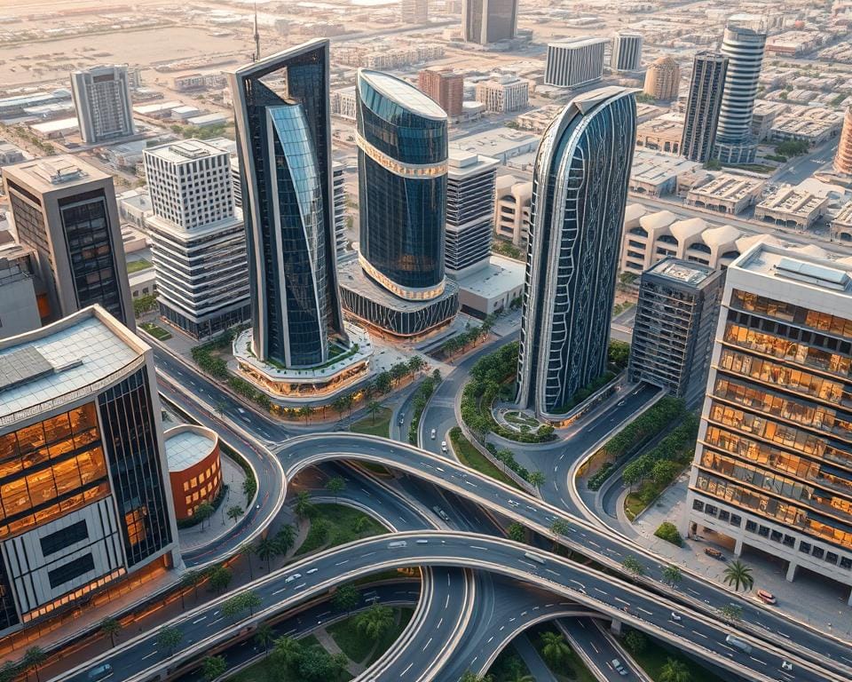 A cityscape depicting the concept of urban planning, showcasing intricate architectural designs, geometric patterns, and harmonious integration of structures. The scene features a modern Archimaker online office, surrounded by sleek high-rise buildings, lush greenery, and well-organized transportation systems. The image is lit with a warm, golden glow, creating a sense of vibrancy and progress. The perspective is from an elevated angle, allowing the viewer to take in the comprehensive urban landscape. The composition emphasizes the importance of holistic, strategic planning in shaping the modern Saudi Arabian cities. تعرف على أنواع التخطيط الحضري في المدن السعودية الحديثة