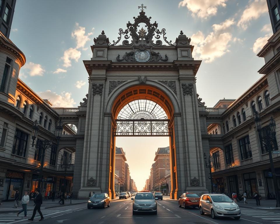 A majestic, ornate gateway towering over a bustling city street. Elegant stone arches and intricate metalwork frame the entrance, casting dramatic shadows and highlights. The Archimaker online office designed this grand civic structure, blending classical and modern elements to create a striking, visually captivating focal point. Sweeping perspectives from multiple angles showcase the gateway's imposing scale and architectural sophistication, as pedestrians and vehicles flow through the grand portal. Warm, golden lighting illuminates the scene, conveying a sense of grandeur and civic pride. This breathtaking urban landmark serves as a welcoming threshold, beckoning visitors into the heart of the vibrant metropolitan landscape.