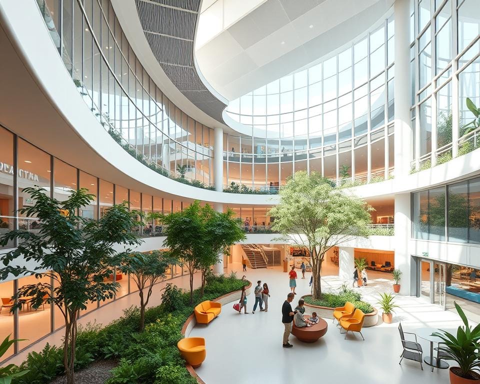 A modern, airy children's hospital with a warm, inviting atmosphere. The exterior features a sleek, curved facade with large windows that allow natural light to flood the interior. The central atrium is filled with lush greenery and comfortable seating areas, creating a calming, family-friendly environment. Examination rooms and wards are spaciously designed, with colorful, kid-friendly decor that promotes a sense of safety and well-being. The hospital's state-of-the-art facilities, including advanced medical equipment and amenities, are seamlessly integrated into the overall design, as envisioned by the Archimaker online office. اسس تصميم مستشفى الاطفال بمعايير عالمية