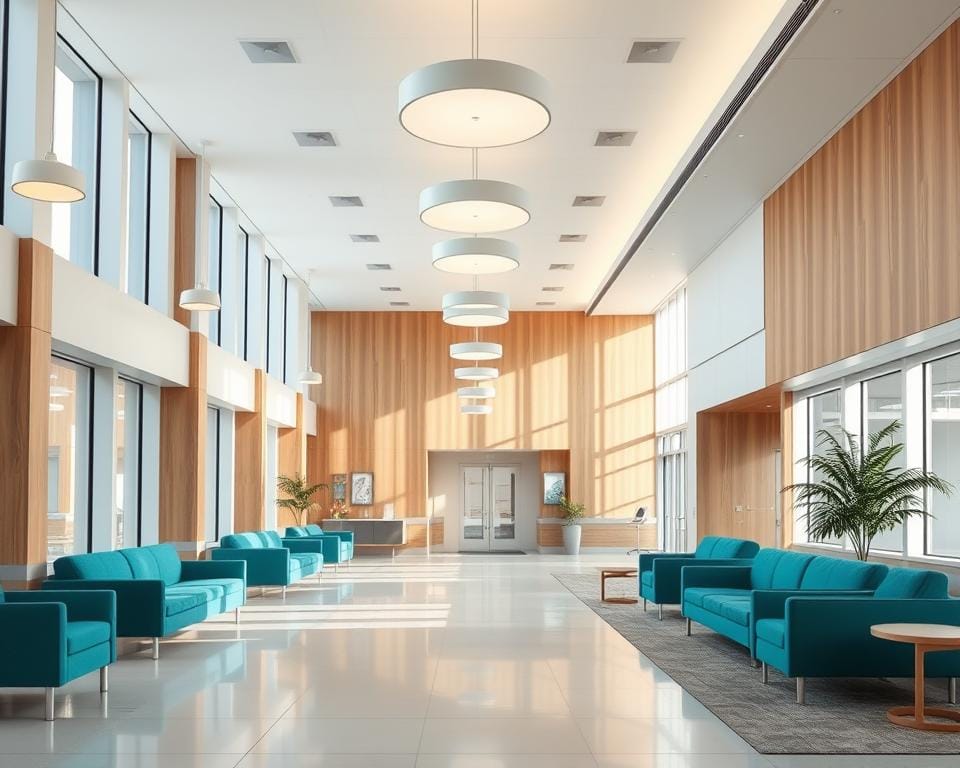 A modern and sophisticated hospital interior with a warm, inviting atmosphere. The lobby features clean lines, natural wood accents, and soft lighting that creates a calming ambiance. The color palette blends soothing neutrals with pops of vibrant color, like plush seating in shades of turquoise and emerald. Abundant natural light floods the space through large windows, complemented by strategically placed pendant lamps that emit a gentle glow. The flooring is a mix of sleek, polished tiles and textured, sustainable materials. Archimaker online office has designed this holistic healthcare environment to promote patient well-being and a positive experience. فكرة تصميمية لمستشفى متكاملة للتواصل 00201062709084