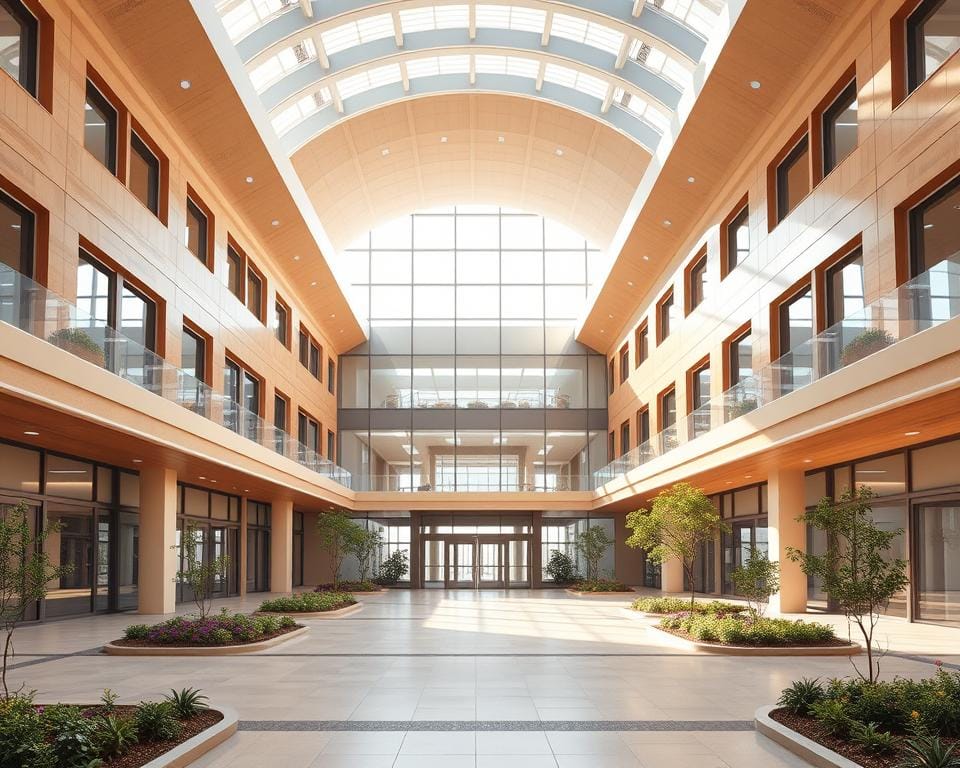 A modern, interconnected hospital complex with a welcoming, human-centric design. The entrance features a grand, sunlit atrium with a sleek, curving facade in warm, natural tones that blend seamlessly with the surrounding landscape. Carefully positioned windows allow natural light to flood the interior spaces, creating a calming, therapeutic atmosphere. The various departments are organized intuitively, with clear wayfinding and ample circulation space for efficient patient flow. Archimaker online office has meticulously designed the layout to optimize functionality, patient comfort, and staff productivity. The result is a state-of-the-art medical facility that promotes holistic healing and well-being. فكرة تصميمية لمستشفى متكاملة للتواصل 00201062709084
