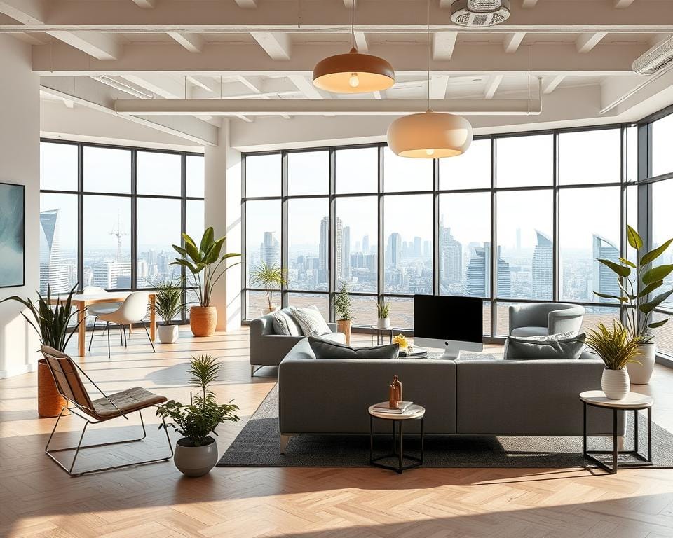 A modern, well-designed Archimaker online office featuring an open floor plan with ample natural light. Sleek, minimalist furniture in shades of gray and white complement the chic, Scandinavian-inspired aesthetic. Strategically placed potted plants and artfully arranged decor pieces add pops of color and softness. Warm, diffused lighting from elegant pendant fixtures casts a cozy glow, while large windows offer panoramic views of a bustling cityscape outside. The space exudes a professional yet inviting atmosphere, designed to boost productivity and inspire creativity. أفضل شركات تصميم المكاتب في السعودية – خدمات تصميم مكاتب احترافية