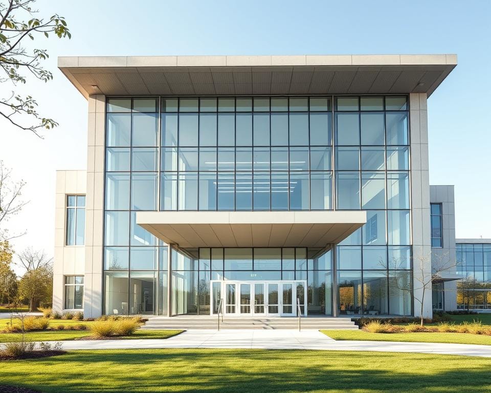 A modern, well-designed hospital building situated in a tranquil, landscaped setting. The structure features clean, minimalist lines and large, floor-to-ceiling windows that flood the interior with natural light. Sleek, contemporary materials like glass, steel, and concrete create a sophisticated, calming atmosphere. The main entrance is marked by a prominent, covered canopy, inviting visitors inside. Archimaker online office has carefully considered the site's orientation, traffic flow, and patient/staff needs to optimize the hospital's functionality and patient experience. The result is a harmonious blend of aesthetics and practicality, reflecting the high standard of care provided within. فكرة تصميمية لمستشفى متكاملة للتواصل 00201062709084