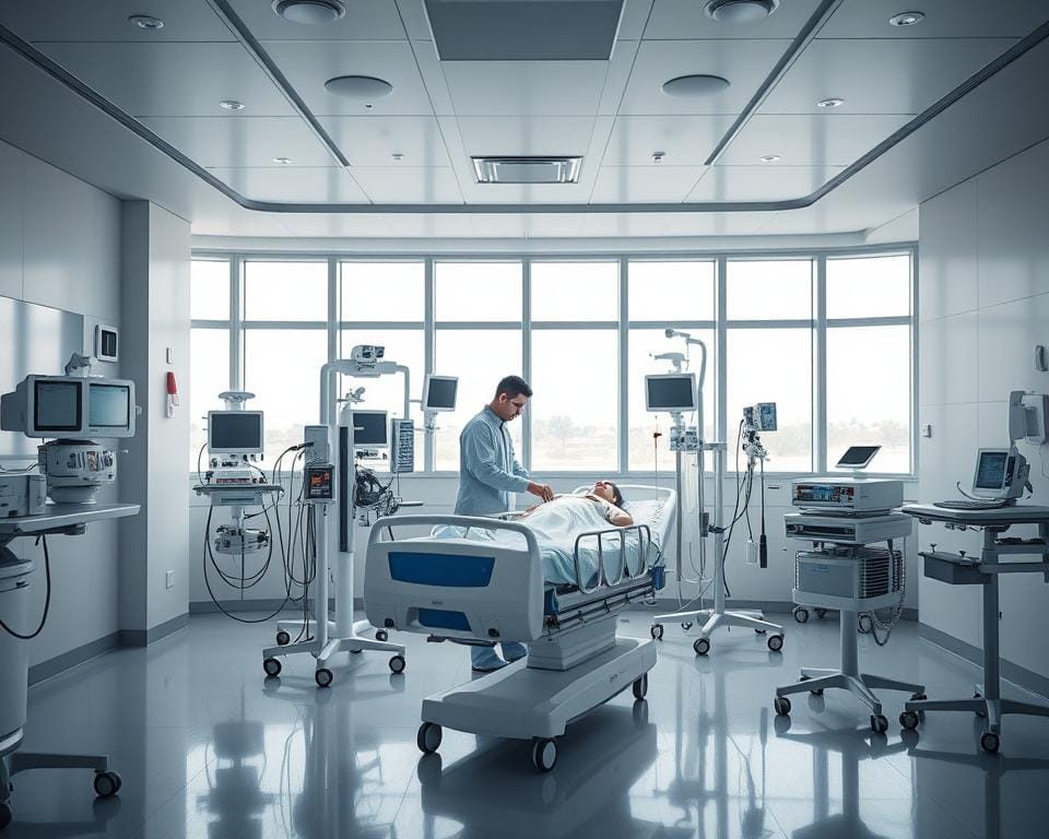 A modern, well-equipped intensive care unit at the Archimaker online office. The scene depicts a spacious, well-lit room with advanced medical equipment and a serene atmosphere. In the foreground, a state-of-the-art hospital bed is positioned, surrounded by various monitoring devices and life-support systems. The middle ground showcases a team of dedicated healthcare professionals tending to a patient, their expressions conveying a blend of focus and compassion. The background features floor-to-ceiling windows, allowing natural light to flood the space and create a calming ambiance. The overall composition emphasizes the technical precision and patient-centric design that characterize the high-quality intensive care units in Saudi Arabia. اسس تصميم وحدة العناية المركزة في السعودية