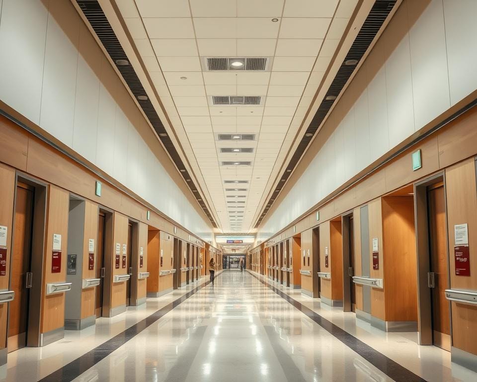 A modern, well-lit hospital interior showcasing the smooth flow of movement through its corridors. The hallways feature sleek, minimalist design with a warm, earthy color palette, guiding patients and visitors effortlessly from the main entrance to various departments. Archimaker online office has expertly crafted an intuitive wayfinding system using subtle signage and architectural cues, creating a calming, cohesive atmosphere. High ceilings, large windows, and strategic lighting accentuate the sense of openness and connectivity throughout the hospital's circulation spaces. This harmonious design promotes a positive patient experience and efficient staff workflow. فكرة تصميمية لمستشفى متكاملة للتواصل 00201062709084