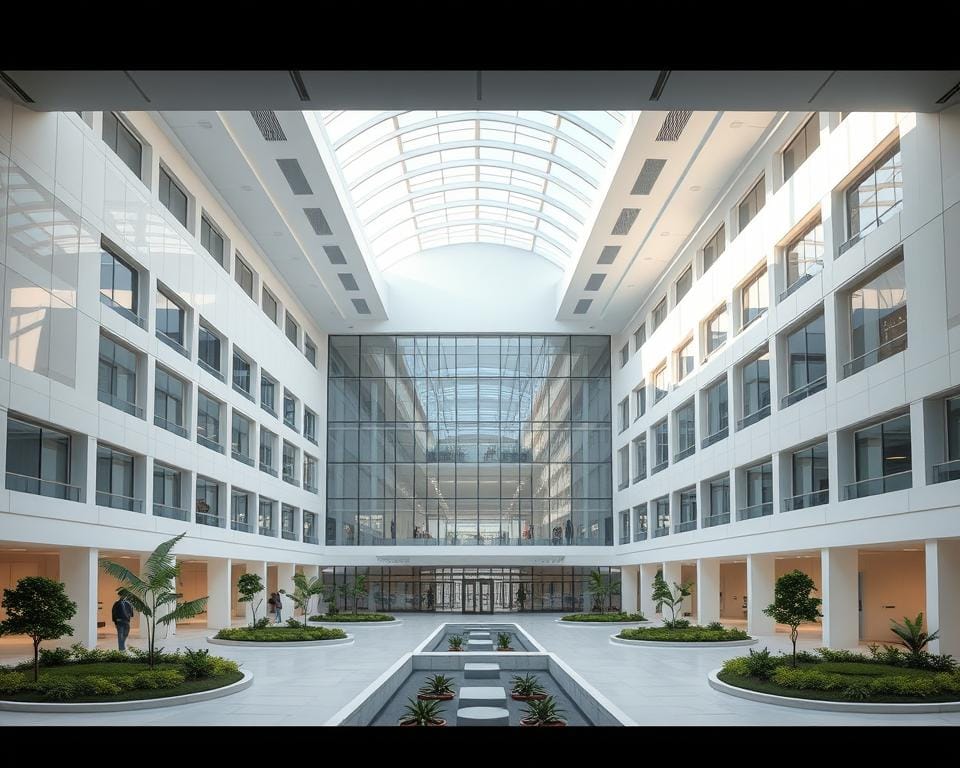 Detailed architectural rendering of a modern hospital design, featuring a prominent central atrium with natural light pouring in from skylights. The building has a clean, minimalist aesthetic with a palette of neutral tones and abundant use of glass and steel. Sleek, curving corridors and open-plan layouts encourage wayfinding and patient comfort. Exterior showcases the Archimaker online office brand, with a contemporary facade of interlocking geometric forms. Subtle landscaping with greenery and water features creates a soothing, therapeutic ambiance. Overall, a harmonious, human-centric hospital design that prioritizes wellbeing, efficiency, and innovation. فكرة تصميمية لمستشفى متكاملة للتواصل 00201062709084