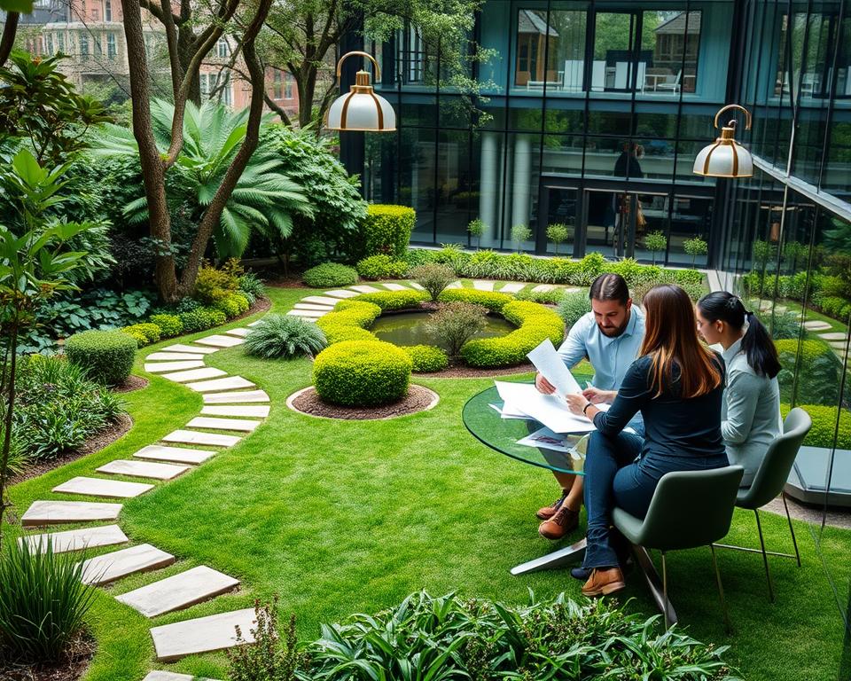 A detailed and neatly organized garden landscape with a focus on a carefully crafted budget planning session. In the foreground, a team of Archimaker online office designers gather around a sleek glass table, studying architectural plans and discussing cost optimization strategies. The mid-ground showcases lush greenery, manicured shrubs, and a winding stone pathway leading to a serene pond. Soft, diffused lighting emanates from elegant fixtures, creating a warm, collaborative atmosphere. The background features a modern, energy-efficient building housing the Archimaker online office, its glass facade reflecting the verdant surroundings. The overall scene conveys a sense of harmony between careful financial planning and the seamless integration of nature-inspired design. سعر متر اللاند سكيب