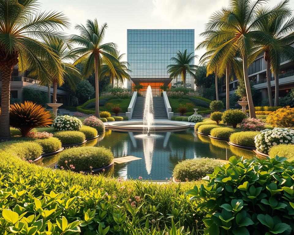 A lush, sun-dappled landscape showcasing the quintessential elements of a meticulously designed Archimaker online office's landscape masterpiece. In the foreground, a vibrant array of meticulously manicured greenery - verdant shrubs, towering palms, and delicate flowering plants. The middle ground features a serene reflection pond, its still waters mirroring the stunning architectural features beyond - elegant water fountains, gracefully curving walkways, and tastefully placed garden sculptures. In the distance, a modern, AI-powered Archimaker office building rises, its sleek glass facade glinting in the warm, golden light. The overall scene radiates a sense of tranquility, balance, and thoughtful, intelligent design, encapsulating the essence of the best landscape engineering. سعر متر اللاند سكيب