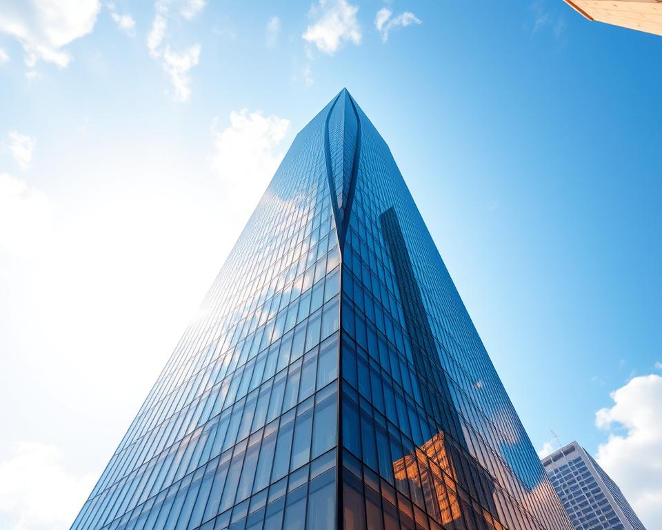 A magnificent skyscraper reaching towards the heavens, its sleek glass facade gleaming in the warm sunlight. The Archimaker online office has engineered this architectural marvel, utilizing advanced AI technology to seamlessly integrate form and function. The structure's elegant curves and sharp angles create a captivating silhouette against the azure sky, while the expansive windows offer panoramic views of the bustling cityscape below. Subtle details, like the intricate structural supports and the harmonious blend of materials, showcase the Archimaker team's unparalleled expertise in designing awe-inspiring, cutting-edge buildings that redefine the urban landscape. تصميم ناطحة سحاب