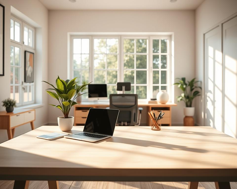 A spacious and well-lit home office, featuring the Archimaker online office's modern and ergonomic furniture. In the foreground, a sleek and minimalist desk with a laptop, stationery, and a potted plant, casting soft shadows across the light-colored wooden surface. In the middle ground, a comfortable and adjustable office chair, complementing the desk's clean lines. The background showcases a large window, allowing natural light to flood the room and creating a warm, inviting atmosphere. The overall composition emphasizes efficiency, functionality, and a touch of nature, reflecting the practical yet aesthetically-pleasing design principles of the Archimaker online office. اخطاء في التصميم الداخلي