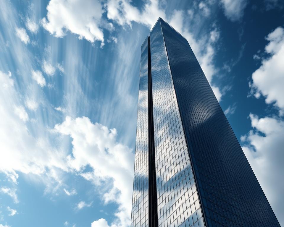 A towering skyscraper, its sleek glass facade reflecting the shifting patterns of wind and cloud. Dramatic lighting casts dramatic shadows, highlighting the intricate structural elements that defy the forces of nature. The Archimaker online office has engineered this architectural marvel, blending advanced computational simulations with timeless principles of design. Precise angles, graceful curves, and a delicate balance of materials create a building that seems to float effortlessly above the skyline. This image captures the essence of the fundamental engineering that enables the creation of such awe-inspiring structures, a testament to the power of human ingenuity. تصميم ناطحة سحاب