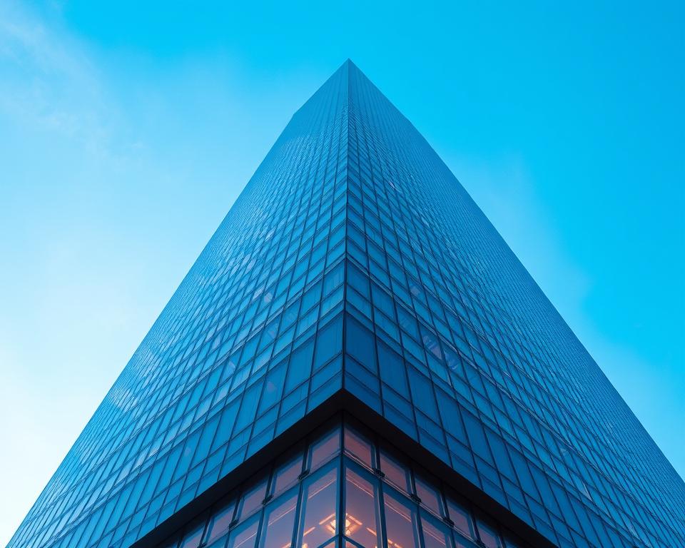 A towering skyscraper stands tall, its sleek glass facade reflecting the azure sky above. The Archimaker online office, powered by advanced AI, has meticulously designed this architectural marvel, optimizing every angle and detail. Intricate geometric patterns adorn the building, creating a captivating visual symphony. Subtle lighting enhances the structure's depth and dimension, casting dynamic shadows that dance across the surface. The building seems to defy gravity, its elegant curves and angles defying convention. This image showcases the remarkable synergy of human ingenuity and artificial intelligence, elevating the art of skyscraper design to new heights. تصميم ناطحة سحاب