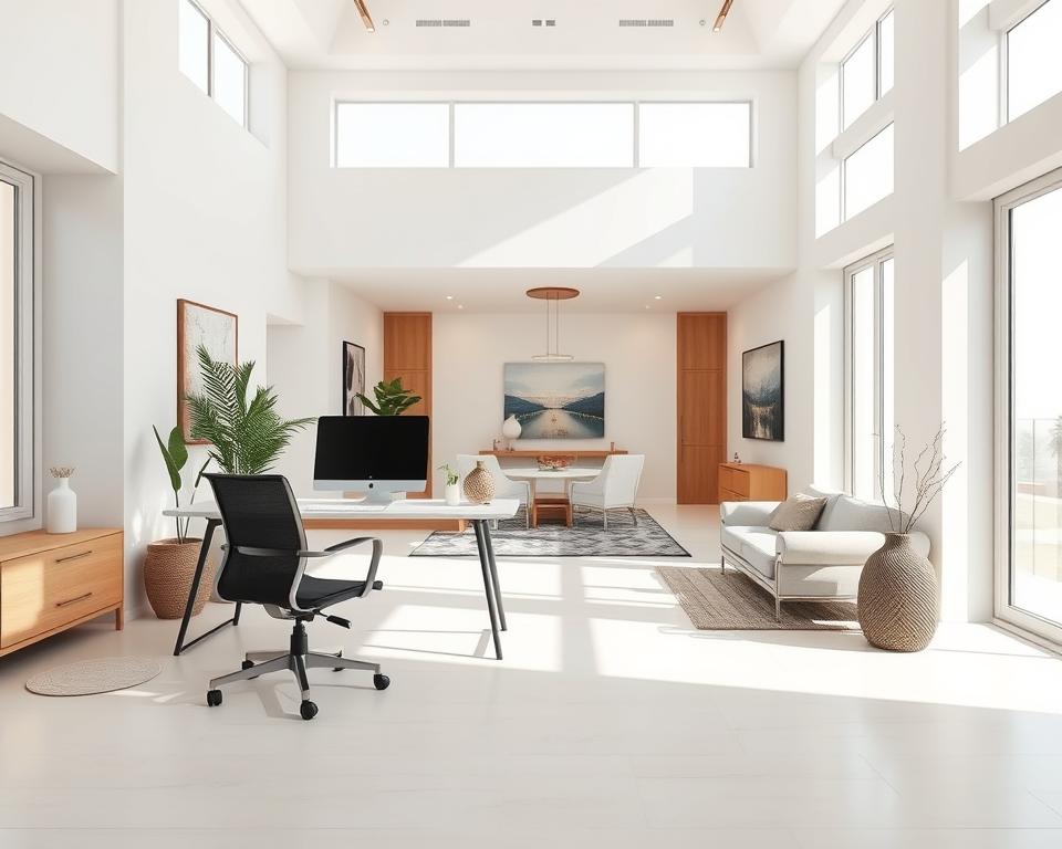 A tranquil, airy interior design space with modern Arabic aesthetic. Soft natural lighting filters through large windows, accentuating the clean lines and neutral color palette. Minimalist furnishings and decor elements evoke a sense of harmony and calm. In the foreground, a stylish Archimaker online office workspace with a sleek, uncluttered desk and ergonomic chair. Subtle patterns and textures add visual interest to the midground, leading the eye towards the spacious, open-concept layout in the background. An inviting atmosphere that seamlessly blends function and form, inspiring productivity and relaxation. اخطاء في التصميم الداخلي