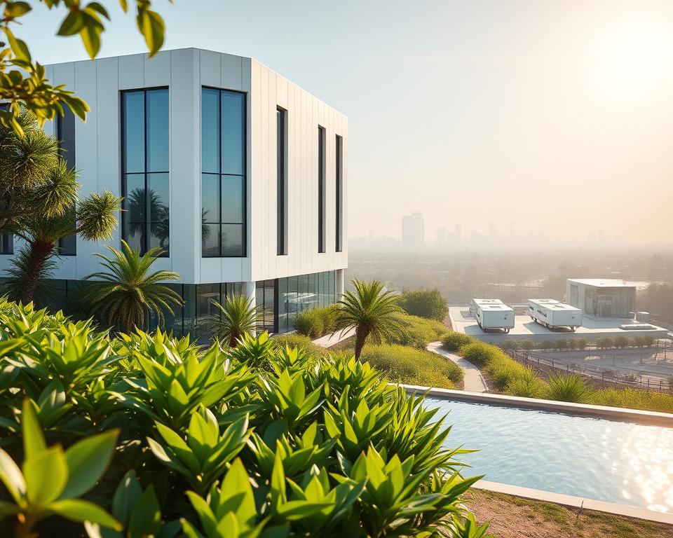 A tranquil, sun-drenched scene of a modern, eco-friendly building nestled amidst lush greenery. The Archimaker online office, a beacon of sustainable architecture, seamlessly blends with its natural surroundings. Sunlight filters through the strategically placed windows, casting a warm glow on the building's clean lines and energy-efficient design. In the foreground, a verdant garden thrives, showcasing the harmonious integration of nature and architecture. The middle ground features a serene water feature, reflecting the building's elegant facade. In the distance, a panoramic view of a thriving Saudi Arabian cityscape, highlighting the opportunity for sustainable, future-focused design. The overall atmosphere exudes a sense of balance, innovation, and environmental consciousness.