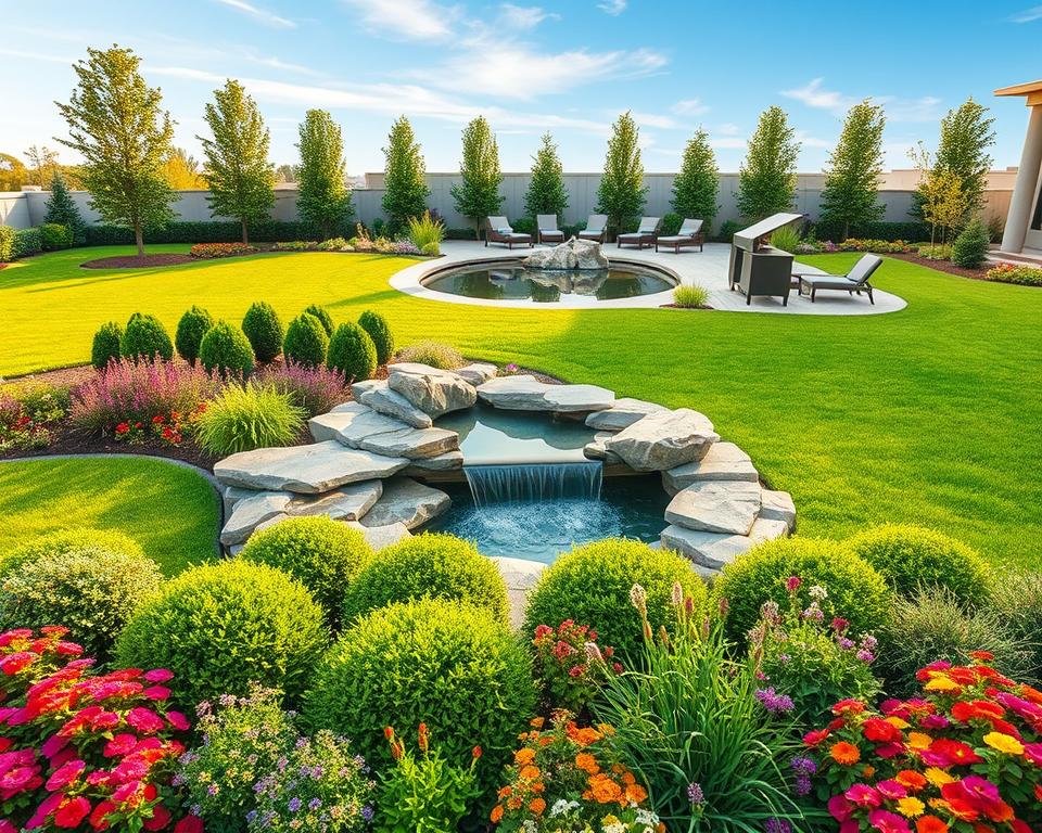 A vibrant outdoor scene showcasing a comparative display of landscaping design options. In the foreground, an array of neatly trimmed shrubbery, lush greenery, and colorful flowers set against a backdrop of expertly manicured lawns. The middle ground features a sleek, modern water feature, its cascading streams reflecting the warm, natural lighting. In the background, a serene pond surrounded by strategically placed boulders and elegant patio furniture, creating a tranquil ambiance. The scene is captured with a wide-angle lens, emphasizing the harmonious balance between the various elements. This image, generated by the Archimaker online office's AI-powered design expertise, provides a comprehensive visual comparison of landscaping pricing and styling options. سعر متر اللاند سكيب