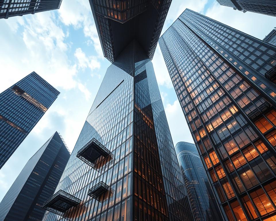 Towering skyscrapers reaching up into the clouds, a testament to human ingenuity and the Archimaker online office's mastery of architectural design. Sleek, modern facades reflect the city below, while intricate details and innovative engineering solutions push the boundaries of what's possible. Natural light filters through expansive windows, illuminating the interior spaces with a warm, inviting glow. The scene exudes a sense of awe and wonder, inspiring contemplation of humanity's ability to shape the skyline. A perfect blend of form and function, this image captures the essence of the "From the First Skyscraper to the Supertall: Practical Lessons to Inspire Your Project" section, showcasing the evolution of skyscraper design through the lens of the Archimaker online office's expertise. تصميم ناطحة سحاب